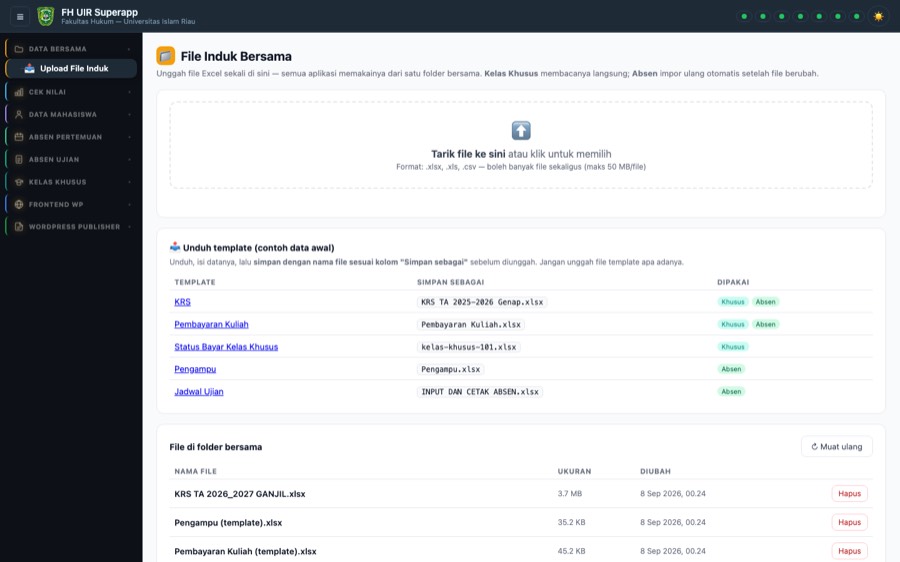 Portal superapp: sidebar delapan aplikasi dan halaman File Induk Bersama